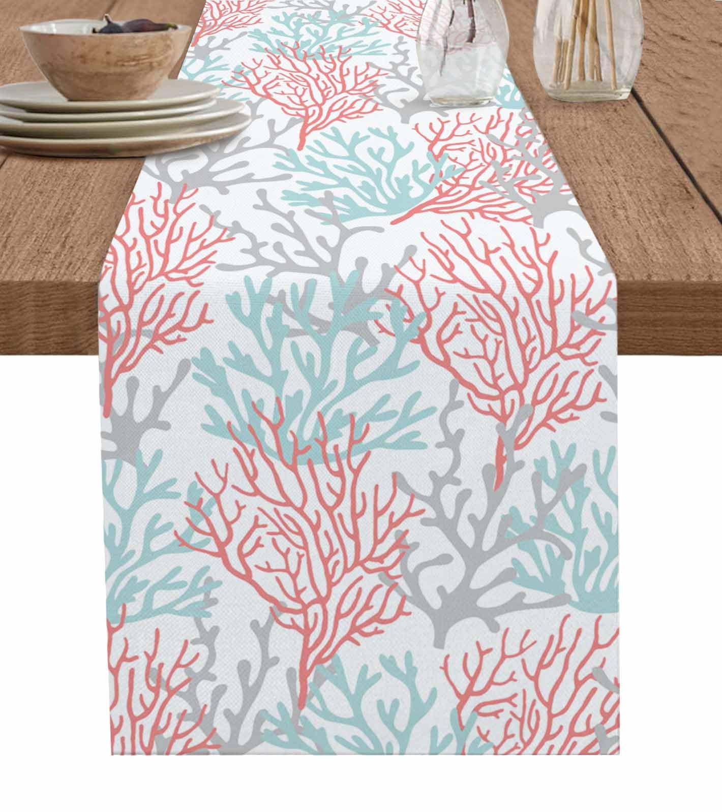 Red Blue Coral Coastal Cotton Linen Rectangle Table Runners 13"x36" Summer Beach Seaside Nautical Coffee Table Runner Dresser Scarves Luxury Table Runners for Wedding Party Banquet Dinner Decor