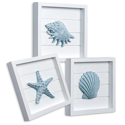 TideAndTales Blue Seashells and Starfish (Framed Set of 3) Coastal 3D Wall Art Beach Wall Decor for Bathroom or Coastal Bedroom Ocean Inspired Beach Decorations for Home or Beach House (7"x7")