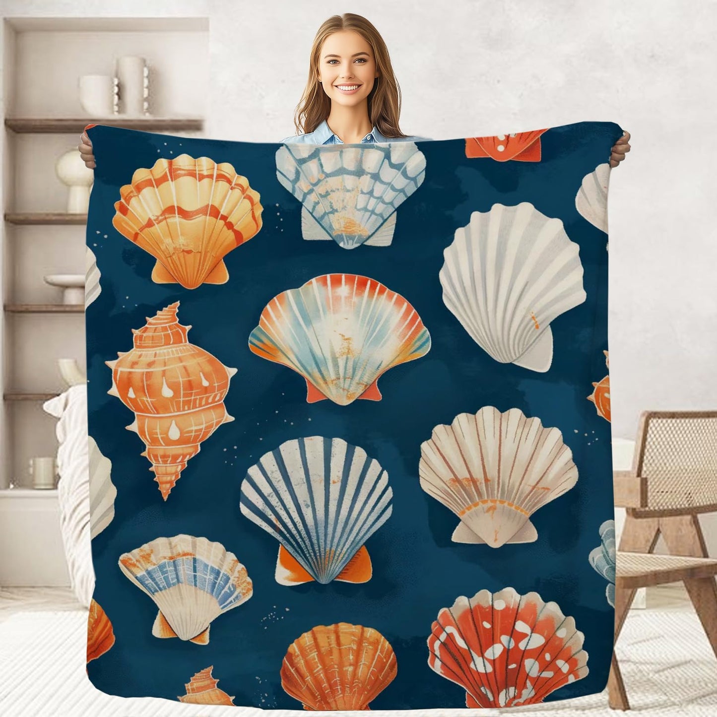 Shell with Conch Throw Blanket for Adult Kids Nautical Ocean Gifts Blanket Home Room Coastal Decor for Women Men Birthday Christmas Valentines Day Gifts Flannel Soft Blanket for Bed Couch 50"x60"
